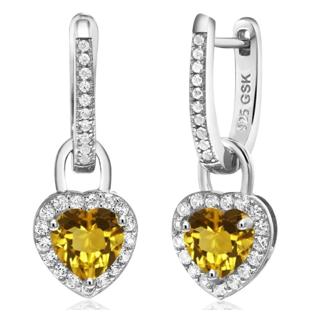 925 Sterling Silver 1.90 Cttw Citrine and White Sapphire Heart Drop Earrings